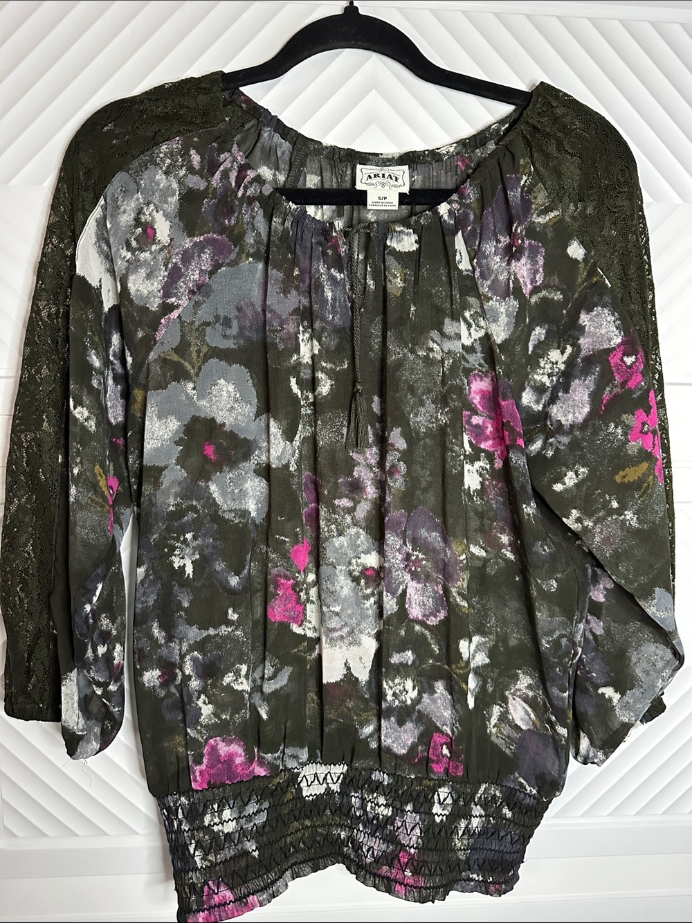 Ariat Olive Floral Blouse with Pink and Gray Accents